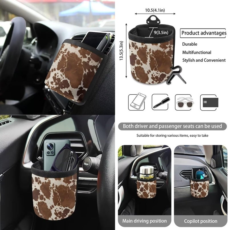 Wanyint Brown Beige Cow Print 15 PCS Car Seat Cover Full Set With Steering Wheel Cover, Seat Belt Pad, Trash Bin, Rear View Mirror Cover, Cup Holders, Keychain, Air Vent Storage Bag, Car Decoration - Image 5